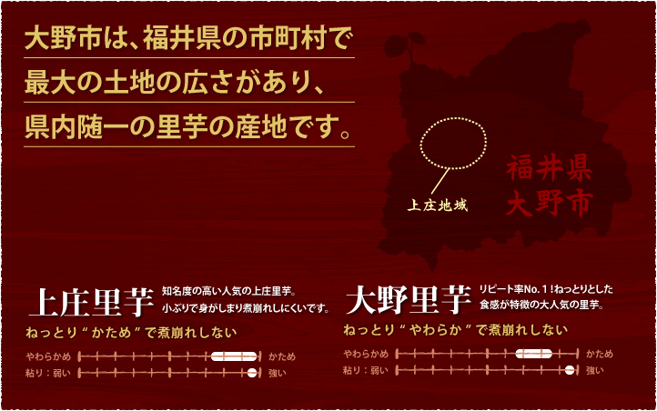 大野市は、福井県の市町村で、最大の土地の広さがあり、県内随一の里芋の産地です。